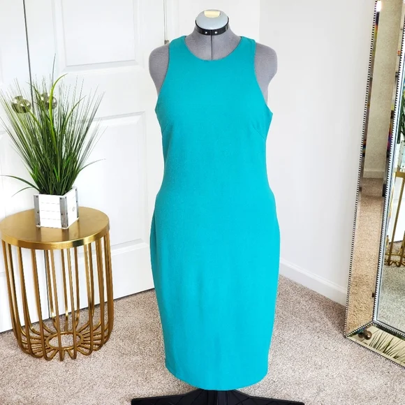 H&M Womens High Neck Bodycon Racerback Dress Size 14 Green - Picture 1 of 10
